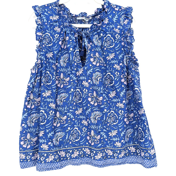 Vineyard Vines Anegada Blue Floral Ruffle Boho Preppy Coastal Cottage Top Large - Picture 1 of 9